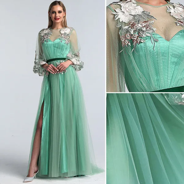 Flower Fairy Sage Green Prom Dresses 2022 A-Line / Princess Scoop Neck Lace Flower Long Sleeve Floor-Length / Long Formal Dresses