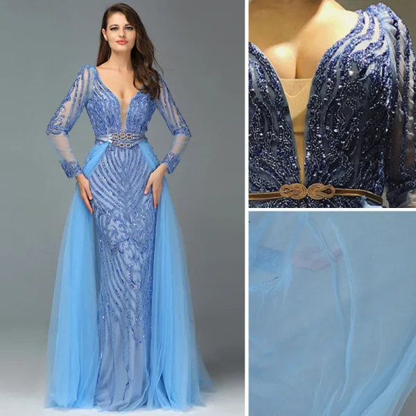 Sexy Bleu Perlage Faux Diamant Paillettes Robe De Soirée 2022 Trompette / Sirène Col v profond Manches Longues Dos Nu Ceinture Longue Soirée Robe De Ceremonie