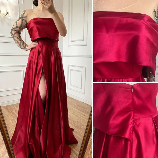 High-end Burgundy Satin Prom Dresses 2022 A-Line / Princess One-Shoulder Beading Rhinestone Sequins Long Sleeve Backless Split Front Floor-Length / Long Formal Dresses