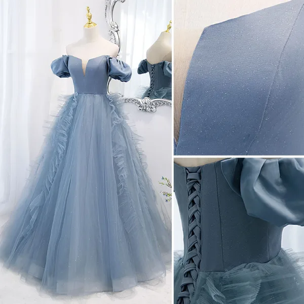 Chic / Beautiful Pool Blue Prom Dresses 2022 Ball Gown Off-The-Shoulder Puffy Short Sleeve Backless Floor-Length / Long Formal Dresses