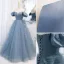 Chic / Beautiful Pool Blue Prom Dresses 2022 Ball Gown Off-The-Shoulder Puffy Short Sleeve Backless Floor-Length / Long Formal Dresses