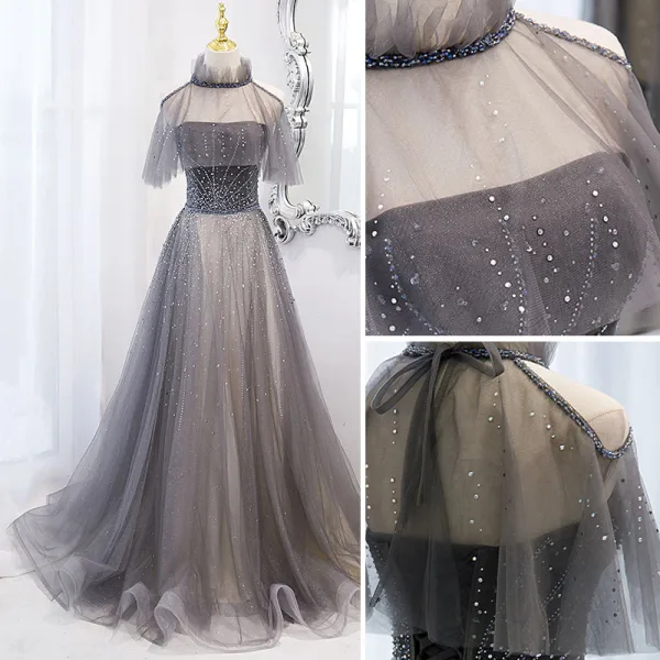 Charming Grey Prom Dresses 2022 A-Line / Princess High Neck Beading Rhinestone Sleeveless Backless Floor-Length / Long Formal Dresses
