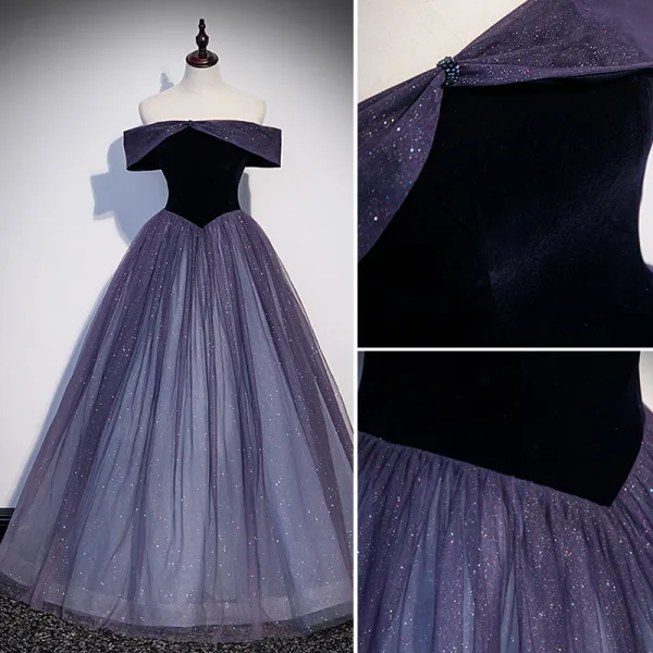 Élégant Violet Glitter Paillettes Daim Robe De Bal 2022 Princesse De l'épaule Manches Courtes Dos Nu Longue Robe De Ceremonie