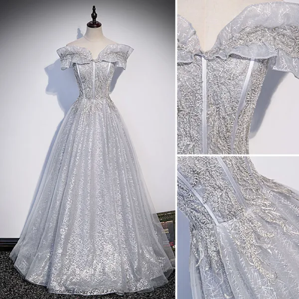 Sparkly Grey Beading Pearl Sequins Prom Dresses 2022 A-Line / Princess Off-The-Shoulder Short Sleeve Backless Floor-Length / Long Formal Dresses