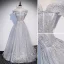 Sparkly Grey Beading Pearl Sequins Prom Dresses 2022 A-Line / Princess Off-The-Shoulder Short Sleeve Backless Floor-Length / Long Formal Dresses