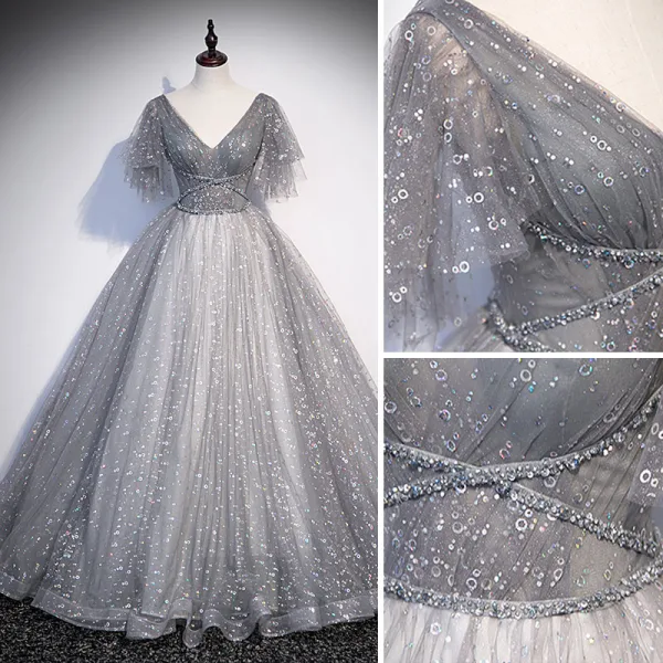 Charmant Gris Perlage Paillettes Robe De Bal Princesse 2022 V-Cou Manches Courtes Dos Nu Longue Robe De Ceremonie