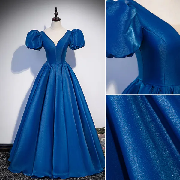 Royal Blue Vintage / Retro Satin Prom Dresses 2022 Ball Gown Deep V-Neck Puffy Short Sleeve Backless Floor-Length / Long Formal Dresses