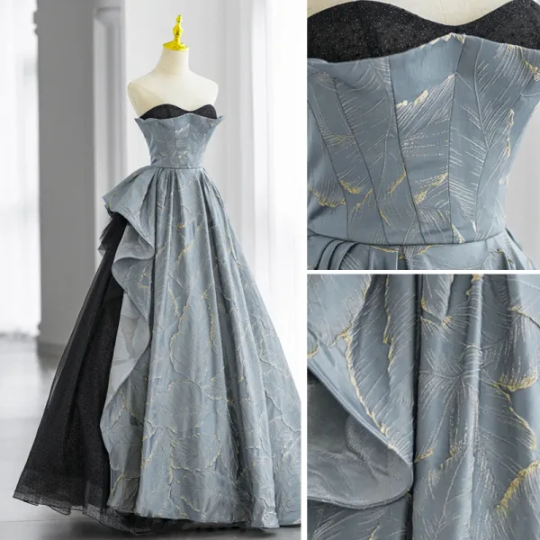 Fashion Sky Blue Satin Cascading Ruffles Prom Dresses 2022 A-Line / Princess Strapless Sleeveless Backless Floor-Length / Long Formal Dresses