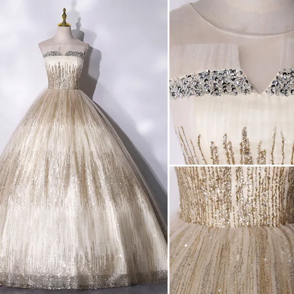 Sparkly Champagne Beading Sequins Prom Dresses Prom Dresses 2021 Ball Gown Scoop Neck Sleeveless Backless Floor-Length / Long Formal Dresses