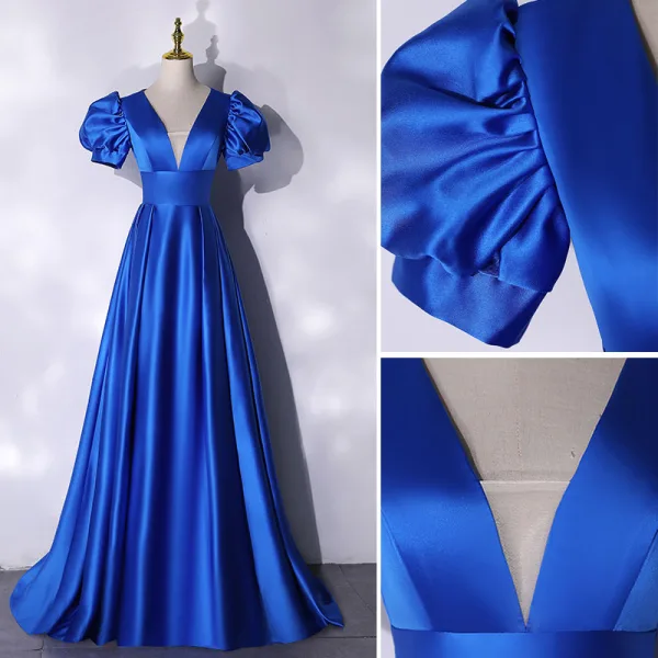 Vintage / Retro Royal Blue Satin Prom Dresses 2021 A-Line / Princess V-Neck Puffy Short Sleeve Backless Floor-Length / Long Formal Dresses