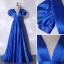 Vintage / Retro Royal Blue Satin Prom Dresses 2021 A-Line / Princess V-Neck Puffy Short Sleeve Backless Floor-Length / Long Formal Dresses