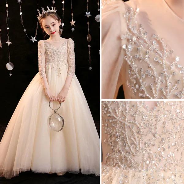 Chic / Beautiful Champagne Beading Sequins Birthday Flower Girl Dresses 2022 Ball Gown Scoop Neck 3/4 Sleeve Sweep Train Flower Girl Dresses