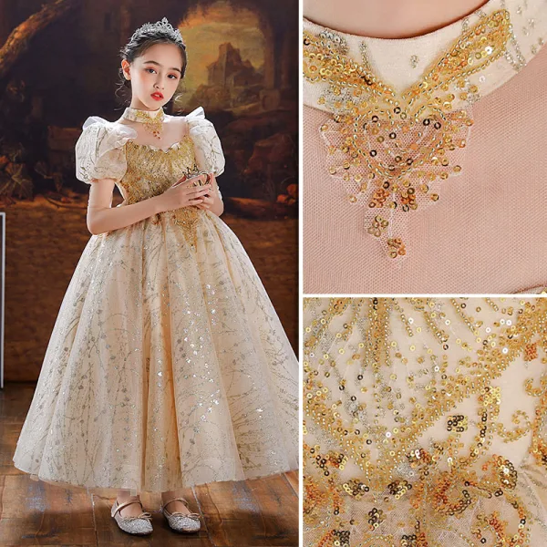 Sparkly Champagne Glitter Beading Sequins Birthday Flower Girl Dresses 2022 Ball Gown High Neck Puffy Short Sleeve Floor-Length / Long Flower Girl Dresses