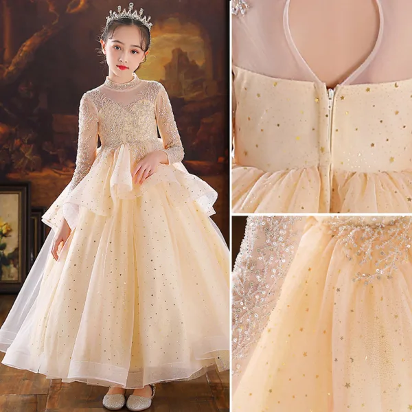 Chic / Beautiful Champagne Cascading Ruffles Birthday Flower Girl Dresses 2022 Ball Gown High Neck Beading Sequins Long Sleeve Backless Floor-Length / Long Flower Girl Dresses