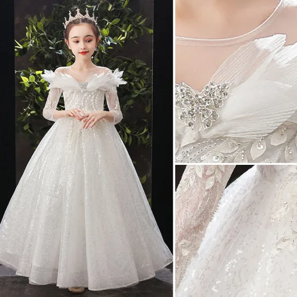 Chic / Beautiful White Birthday Flower Girl Dresses 2022 Ball Gown Scoop Neck Beading Sequins Lace Flower 3/4 Sleeve Floor-Length / Long Flower Girl Dresses