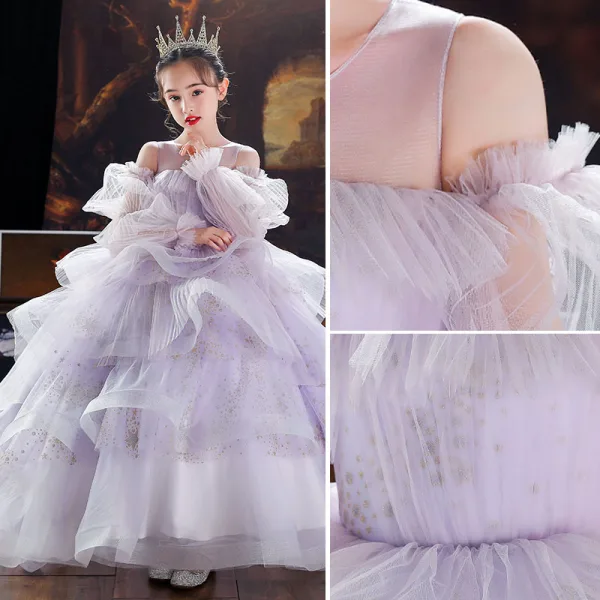 Fashion Lavender Sequins Cascading Ruffles Birthday Flower Girl Dresses 2022 Ball Gown Scoop Neck Puffy Long Sleeve Floor-Length / Long Flower Girl Dresses