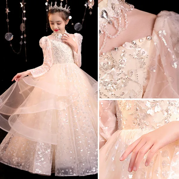 Sparkly Champagne Birthday Beading Rhinestone Sequins Flower Girl Dresses 2022 Ball Gown High Neck Long Sleeve Cascading Ruffles Floor-Length / Long Flower Girl Dresses