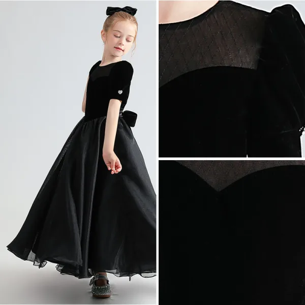Audrey Hepburn Style Black Suede Birthday Flower Girl Dresses 2022 A-Line / Princess Scoop Neck Short Sleeve Floor-Length / Long Bow Flower Girl Dresses