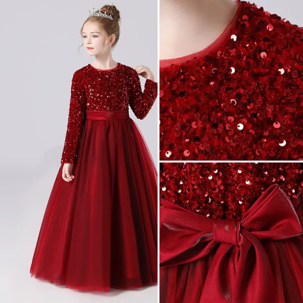 Chic / Beautiful Burgundy Sequins Birthday Flower Girl Dresses 2022 A-Line / Princess Scoop Neck Sash Bow Long Sleeve Floor-Length / Long Flower Girl Dresses