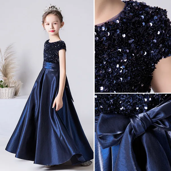Chic / Beautiful Navy Blue Satin Sequins Birthday Flower Girl Dresses 2022 A-Line / Princess Scoop Neck Short Sleeve Bow Floor-Length / Long Flower Girl Dresses