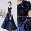 Chic / Beautiful Navy Blue Satin Sequins Birthday Flower Girl Dresses 2022 A-Line / Princess Scoop Neck Short Sleeve Bow Floor-Length / Long Flower Girl Dresses