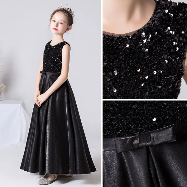 Chic / Beautiful Black Sequins Satin Birthday Flower Girl Dresses 2022 A-Line / Princess Scoop Neck Sleeveless Sash Floor-Length / Long Flower Girl Dresses