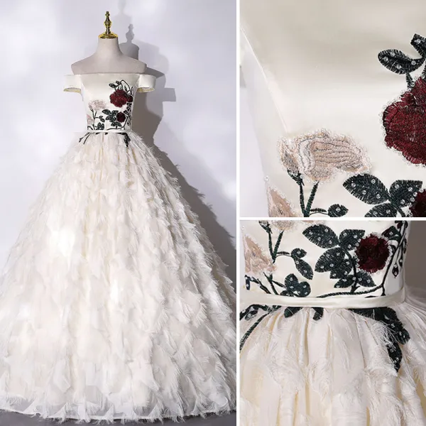 Élégant Champagne En Dentelle Fleur Gland Robe De Bal 2021 Princesse Satin De l'épaule Manches Courtes Dos Nu Longue Robe De Ceremonie
