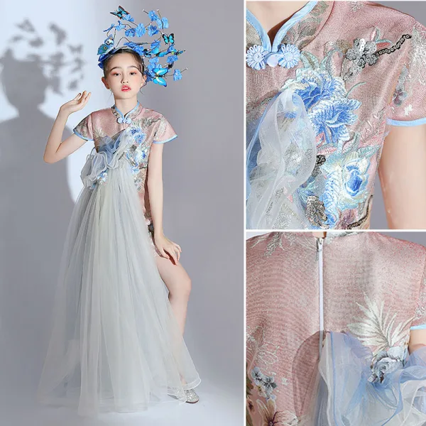 Chinese style Blushing Pink Sequins Embroidered Birthday Cheongsam / Qipao Flower Girl Dresses 2022 High Neck Short Sleeve Flower Girl Dresses Knee-Length Cheongsam