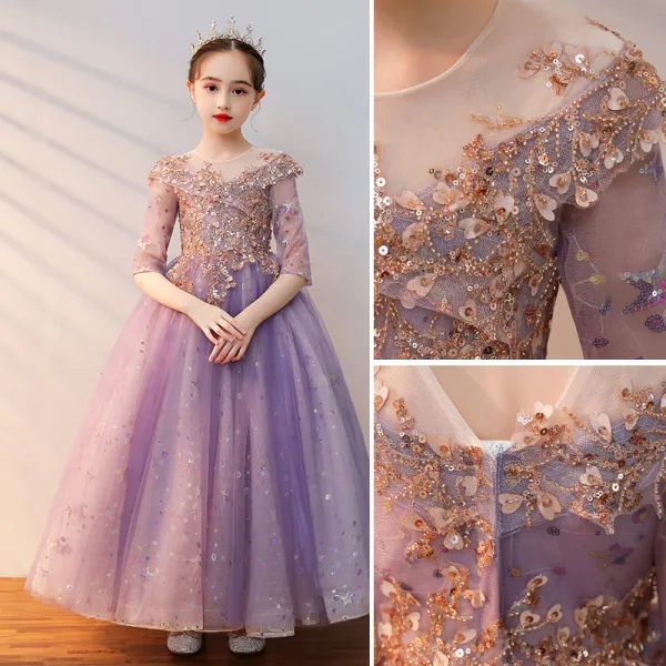 Chic / Beautiful Lilac Beading Sequins Birthday Flower Girl Dresses 2022 A-Line / Princess Scoop Neck 1/2 Sleeves Backless Floor-Length / Long Flower Girl Dresses