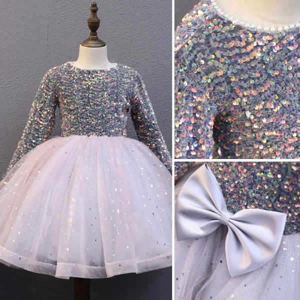 Sparkly Grey Sequins Birthday Flower Girl Dresses 2022 Ball Gown Scoop Neck Long Sleeve Bow Floor-Length / Long Flower Girl Dresses