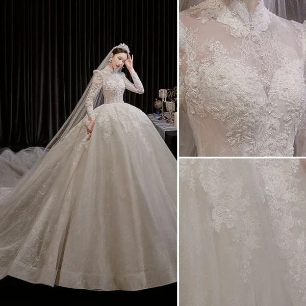 High-end White Beading Pearl Lace Flower Wedding Dresses 2022 Ball Gown High Neck Long Sleeve Backless Floor-Length / Long Wedding