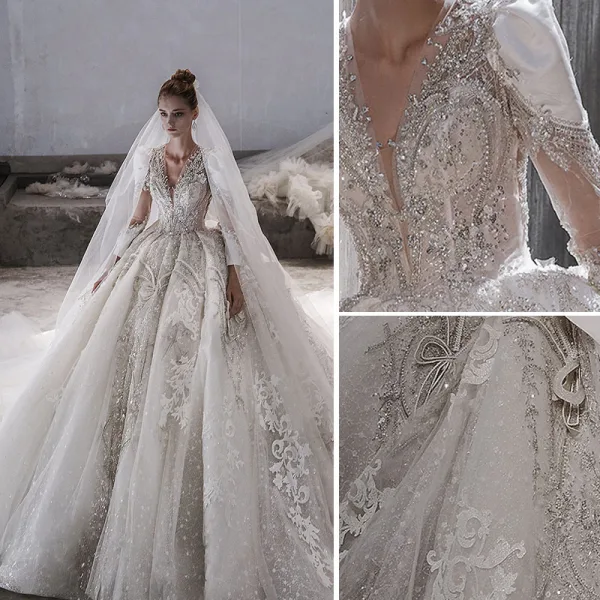 Luxury / Gorgeous White Handmade Beading Pearl Rhinestone Lace Flower Wedding Dresses 2022 Ball Gown Embroidered Sequins V-Neck 3/4 Sleeve Royal Train Wedding