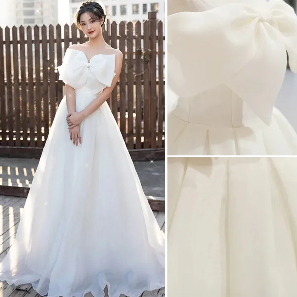 Chic / Belle Blanche Robe De Bal 2022 Princesse Bustier Noeud Sans Manches Dos Nu Longue Robe De Ceremonie