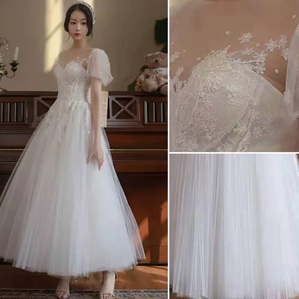 Chic / Belle Blanche Paillettes En Dentelle Fleur Robe De Bal 2022 Princesse Encolure Dégagée Manches Courtes Dos Nu Longue Robe De Ceremonie