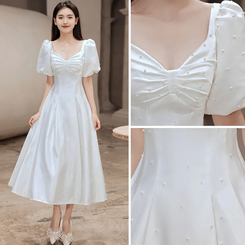 Modest Simple White Homecoming Graduation Dresses 2022 A Line Princess  Satin V Neck Puffy Short Sleeve Pearl Tea Length Formal Dresses