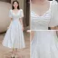 Modest / Simple White Homecoming Graduation Dresses 2022 A-Line / Princess Satin V-Neck Puffy Short Sleeve Pearl Tea-length Formal Dresses