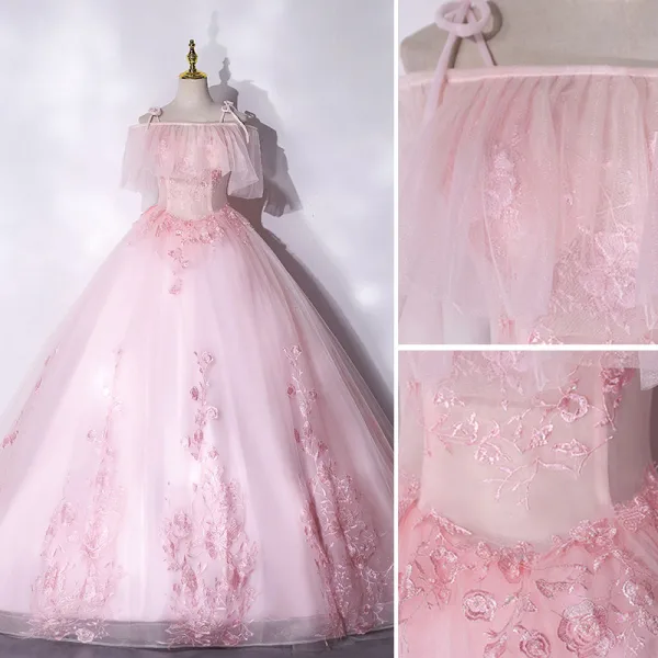 Flotte Lyserød Gallakjoler 2021 Prinsesse Spaghetti Straps Beading Med Blonder Blomsten Kort Ærme Halterneck Lange Kjoler