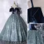 Elegant Navy Blue Prom Dresses 2021 Ball Gown Suede Spaghetti Straps Beading Lace Flower Short Sleeve Backless Floor-Length / Long Formal Dresses