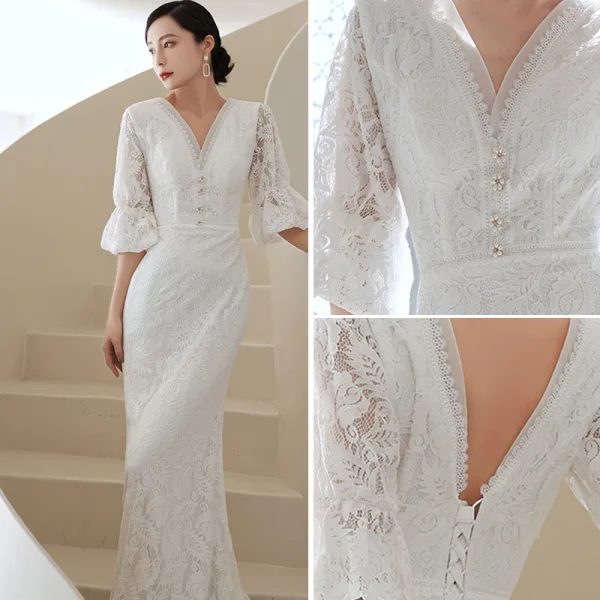 Sexy White Lace Flower Evening Dresses 2022 Trumpet / Mermaid V-Neck 1/2 Sleeves Backless Floor-Length / Long Evening Party Formal Dresses