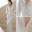 Sexy White Lace Flower Evening Dresses 2022 Trumpet / Mermaid V-Neck 1/2 Sleeves Backless Floor-Length / Long Evening Party Formal Dresses