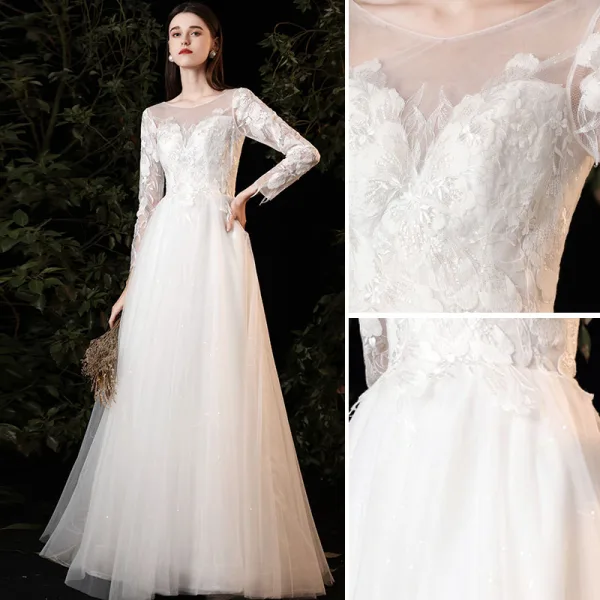 Chic / Beautiful White Lace Flower Prom Dresses 2022 A-Line / Princess Scoop Neck Long Sleeve Backless Floor-Length / Long Formal Dresses