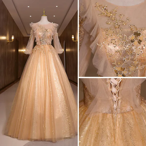 Scintillantes Champagne Glitter Perlage Perle Paillettes Robe De Bal 2022 Robe Boule Encolure Dégagée Manches Longues Dos Nu Longue Robe De Ceremonie