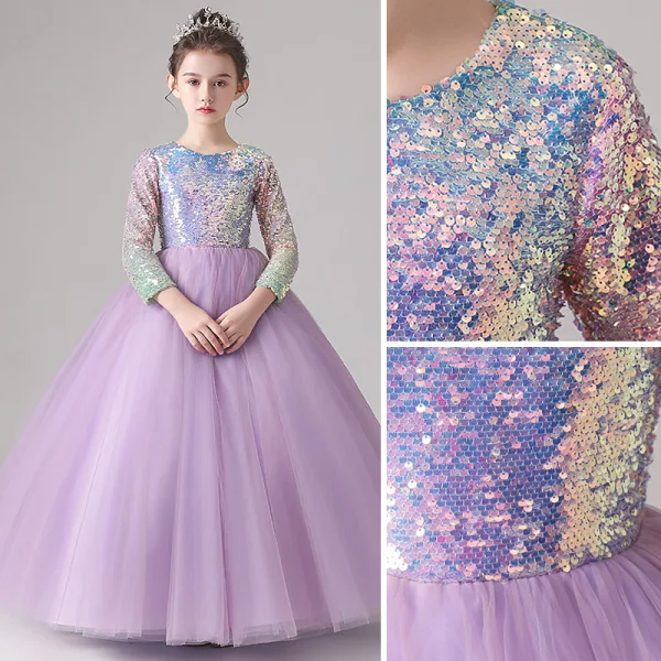Chic / Beautiful Lilac Gradient-Color Sequins Birthday Flower Girl Dresses 2022 Ball Gown Scoop Neck Long Sleeve Floor-Length / Long Flower Girl Dresses