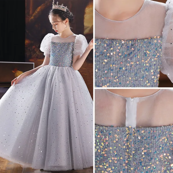Chic / Beautiful Grey Sequins Birthday Flower Girl Dresses Ball Gown 2022 Scoop Neck Puffy Short Sleeve Floor-Length / Long Flower Girl Dresses