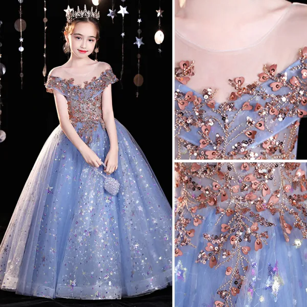 Sparkly Pool Blue Beading Sequins Birthday Flower Girl Dresses 2022 Ball Gown Scoop Neck Short Sleeve Backless Floor-Length / Long Flower Girl Dresses