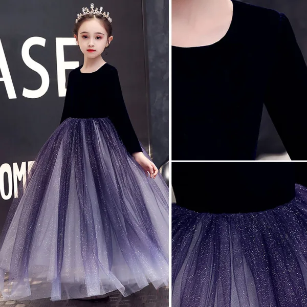 Elegant Ocean Blue Sequins Flower Girl Dresses 2022 Ball Gown Scoop Neck Suede Long Sleeve Floor-Length / Long Flower Girl Dresses