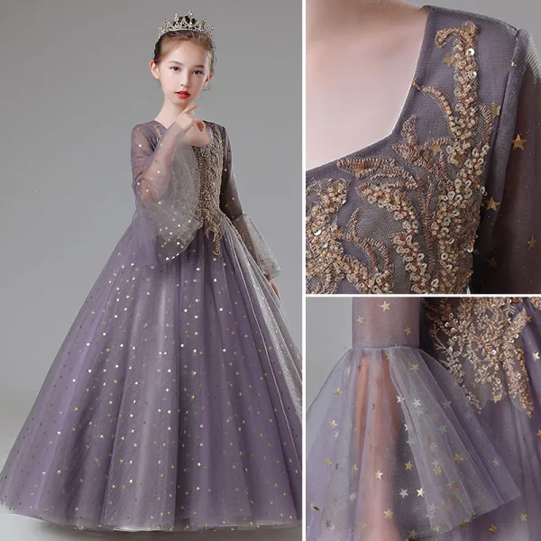 Elegant Lilac Beading Lace Flower Rhinestone Birthday Flower Girl Dresses 2022 Ball Gown Square Neckline Star Sequins Bell sleeves Floor-Length / Long Flower Girl Dresses