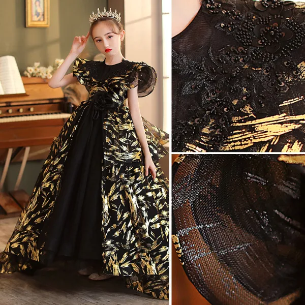 Fashion Black Gold Beading Lace Flower Birthday Flower Girl Dresses 2022 Ball Gown Scoop Neck Short Sleeve Backless Court Train Flower Girl Dresses