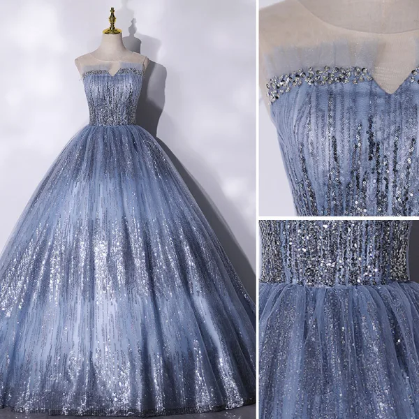 Charmant Scintillantes Océan Bleu Perlage Paillettes Robe De Bal 2021 Robe Boule Encolure Dégagée Sans Manches Dos Nu Longue Robe De Ceremonie