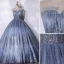 Charmant Scintillantes Océan Bleu Perlage Paillettes Robe De Bal 2021 Robe Boule Encolure Dégagée Sans Manches Dos Nu Longue Robe De Ceremonie